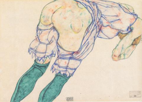 Egon Schiele, Mädchen mit grünen Strümpfen, Gouache, 1914