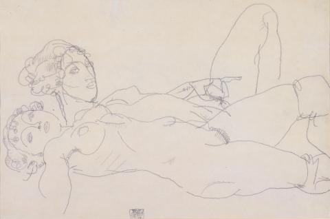 Egon Schiele, Zwei liegende Mädchenakte, Bleistiftzeichnung, 1914