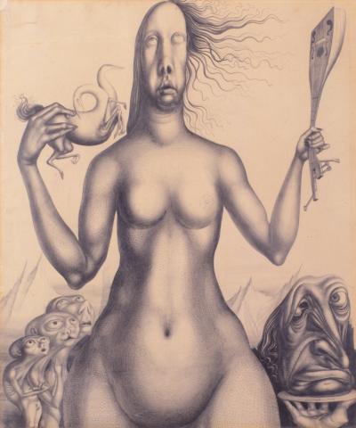 Ernst Fuchs, Gütersloh und die Muse, Bleistiftzeichnung, 1947