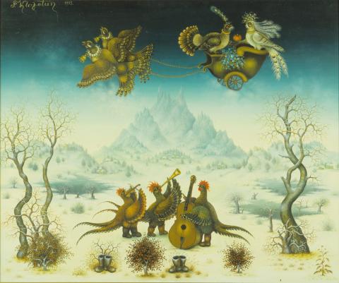 Franjo Klopotan, „Vogelmusikanten 1“, Öl auf Leinen, 1993