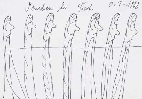 Oswald Tschirtner, „Menschen bei Tisch“, Federzeichnung, 1988
