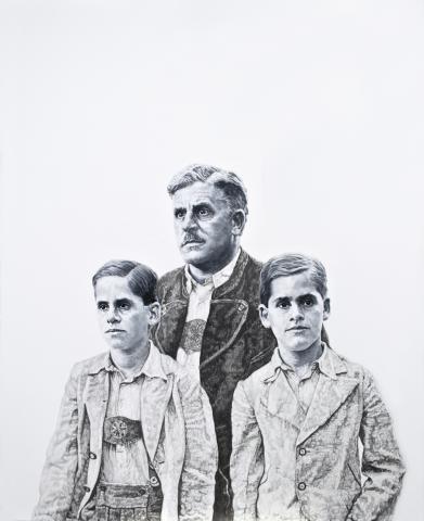 Ramona Schnekenburger, Vater mit Söhnen, Öl und Bleistift auf Leinwand, 2014