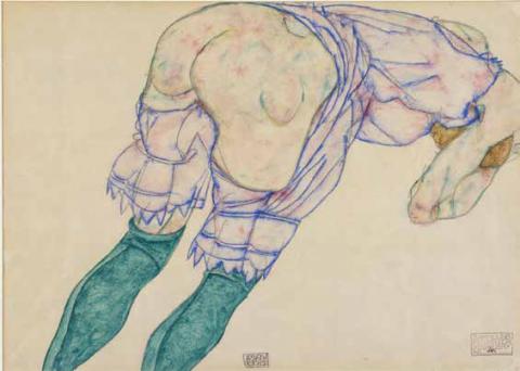 Egon Schiele, Mädchen mit grünen Strümpfen, Gouache, 1914