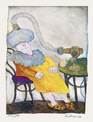 Walter Schmögner, „Frau Itze“, Federzeichnung (schwarze Tusche, farbig aquarelliert), 1968
