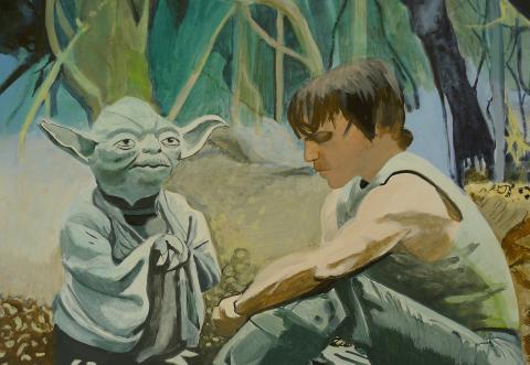 Anne Suttner, Meister Yoda mit Padawan Luke Skywalker auf Dagobah: Die Macht ist stark in dir!,  Mischtechnik/Molino, 2017